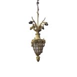 A VINTAGE BRASS AND OPALINE GLASS CEILING SHADE Decorated with a pineapple finial, together with a