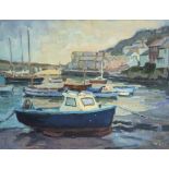 T.R. TUCKER, A 20TH CENTURY OIL ON CANVAS Titled ‘Mousehole Cornwall’, harbour scene, signed lower