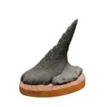 A FINE CAST IRON SCULPTURE OF A WOOLY RHINO HORN (COELODONTA ANTIQUITATIS) On stylised fitted wooden