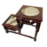 A CHINESE MARBLE INSET HARDWOOD TWO TIER TABLE STAND The square top set with a circular and square