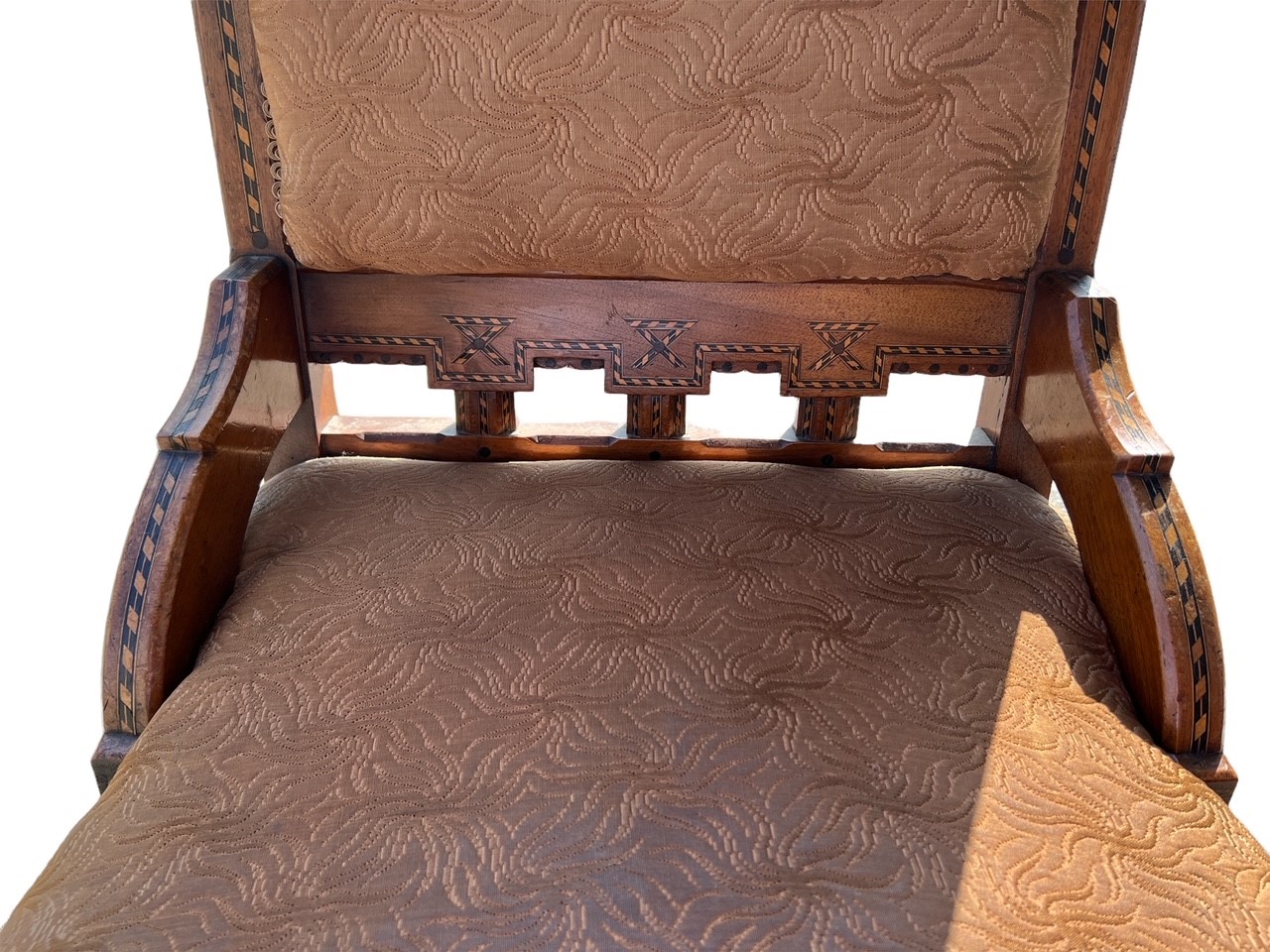 ATTRIBUTED TO CHARLES BEVAN, A GOOD 19TH CENTURY ARTS AND CRAFTS OAK AND INLAID ARMCHAIR. - Image 8 of 8