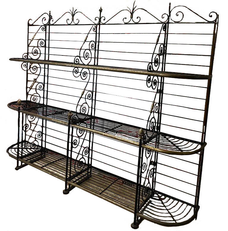 A LARGE ANTIQUE FRENCH IRON AND BRASS FOUR SECTION THREE TIER BAKER’S RACK With scrolling