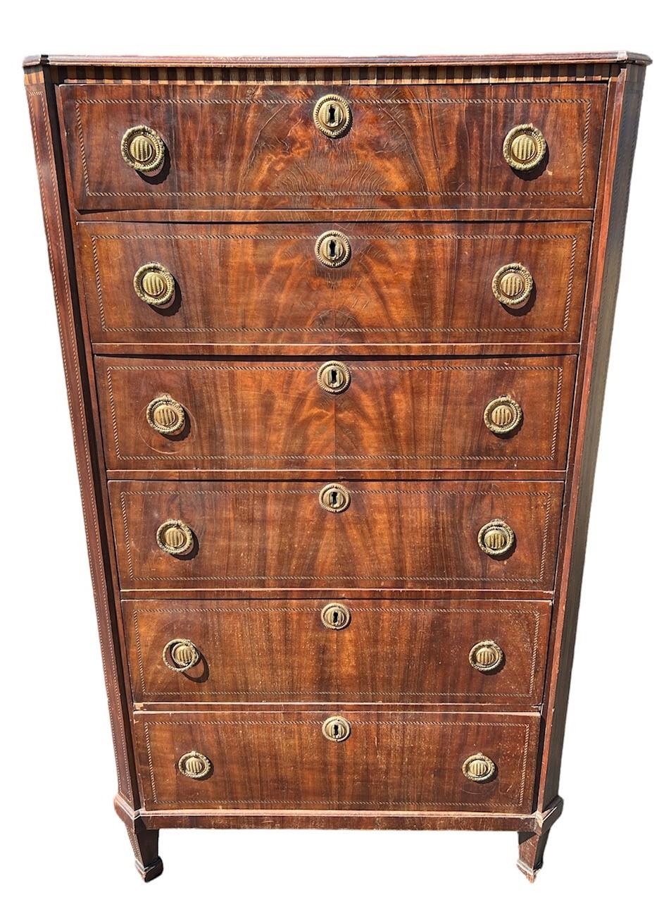 AN 18TH CENTURY DUTCH FLAME MAHOGANY AND INLAID NEOCLASSICAL TALLBOY CHEST Of six long graduated