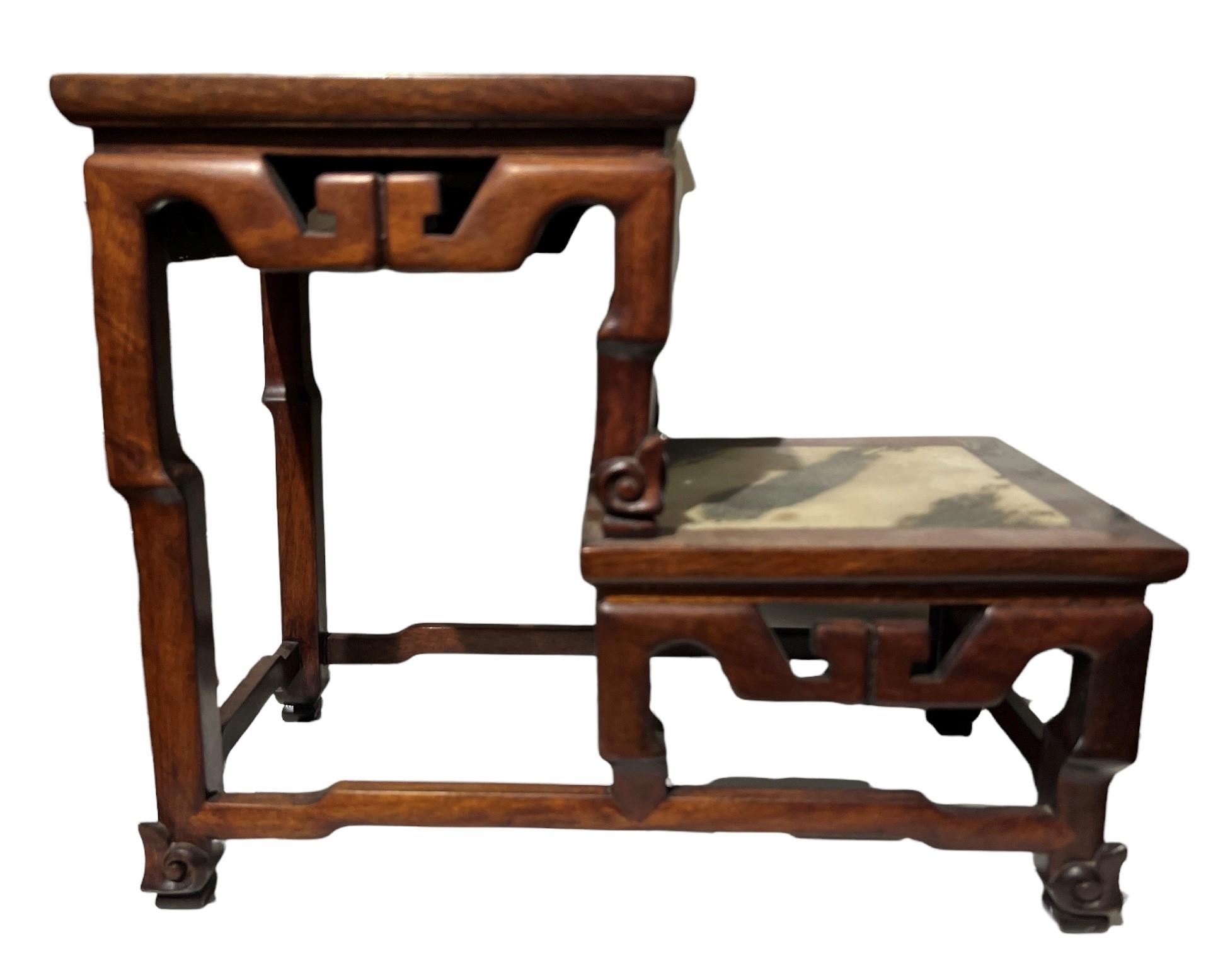 A CHINESE MARBLE INSET HARDWOOD TWO TIER TABLE STAND The square top set with a circular and square - Image 3 of 9