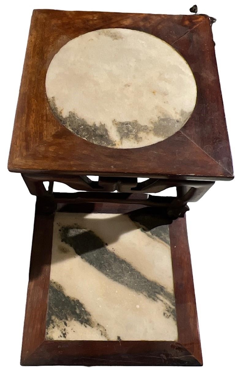 A CHINESE MARBLE INSET HARDWOOD TWO TIER TABLE STAND The square top set with a circular and square - Image 8 of 9