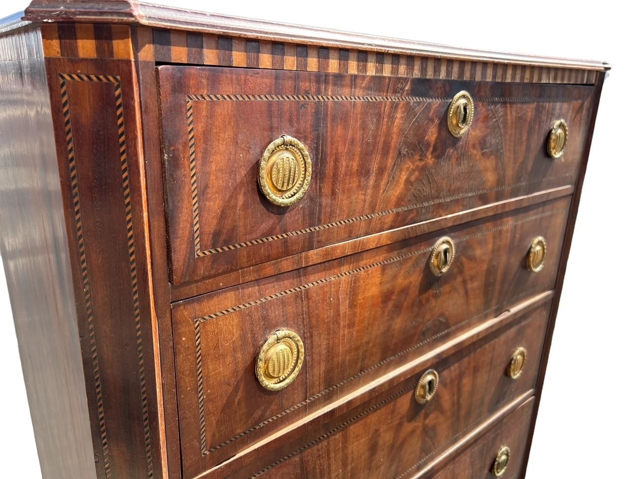 AN 18TH CENTURY DUTCH FLAME MAHOGANY AND INLAID NEOCLASSICAL TALLBOY CHEST Of six long graduated - Image 4 of 4