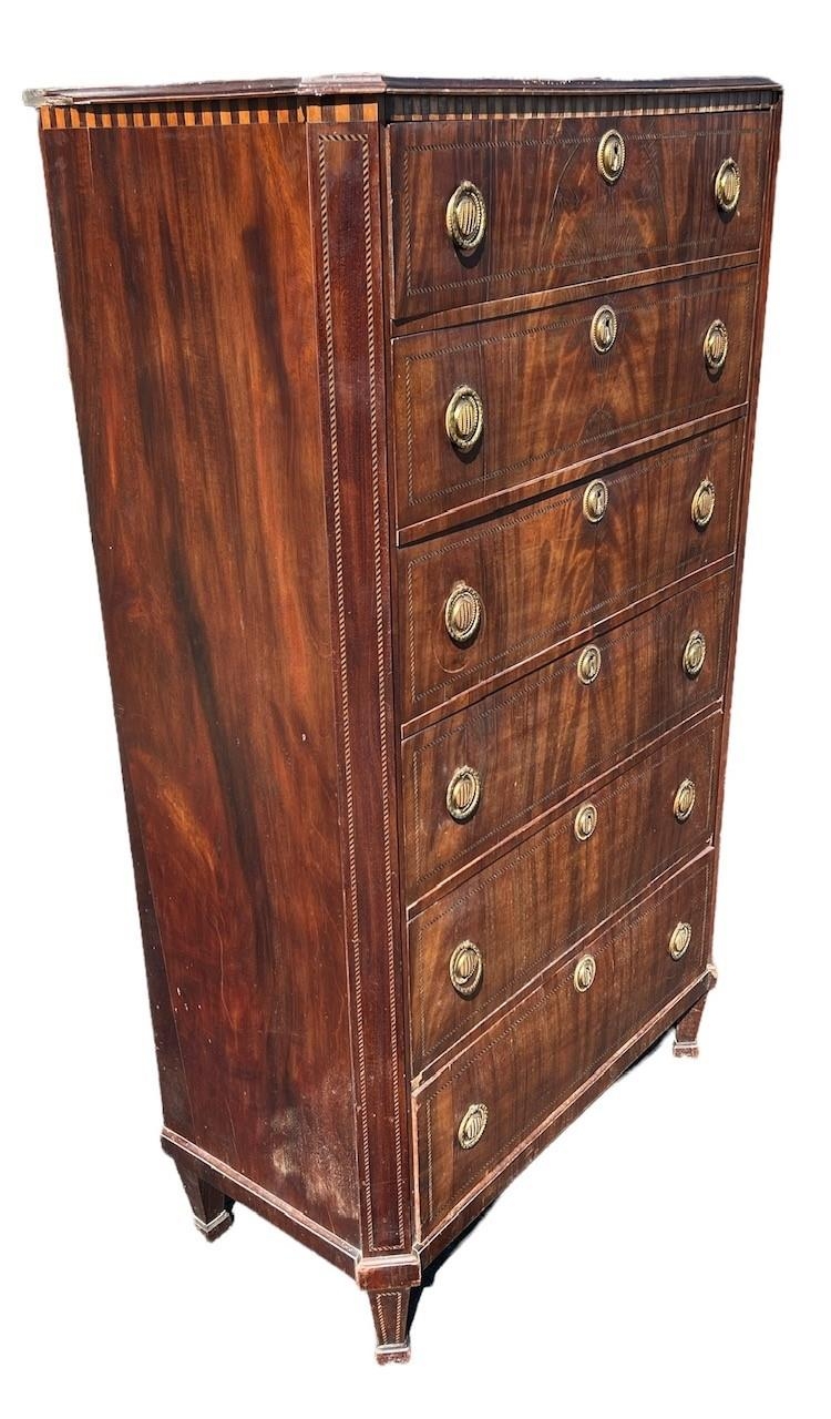 AN 18TH CENTURY DUTCH FLAME MAHOGANY AND INLAID NEOCLASSICAL TALLBOY CHEST Of six long graduated - Image 3 of 4