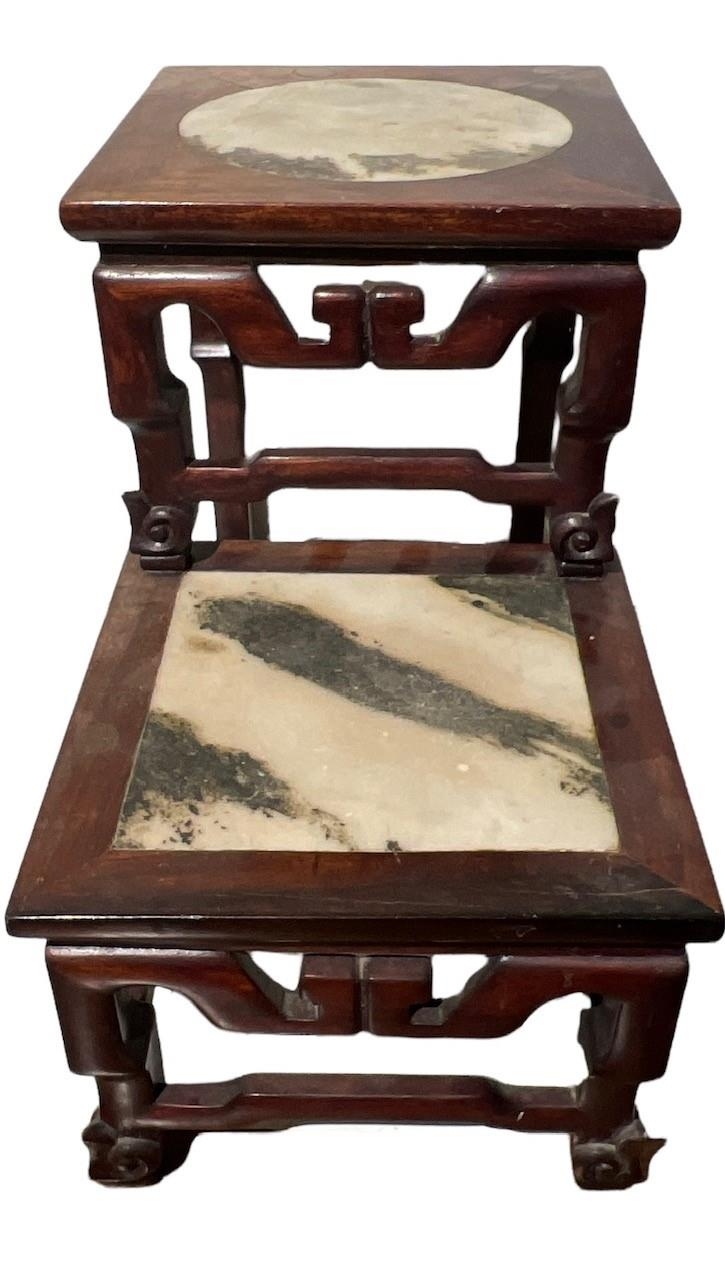 A CHINESE MARBLE INSET HARDWOOD TWO TIER TABLE STAND The square top set with a circular and square - Image 2 of 9