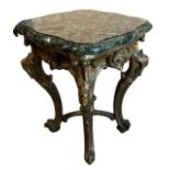 AN EARLY 19TH CENTURY GILTWOOD OCCASIONAL TABLE The later green marble top on cabriole legs with