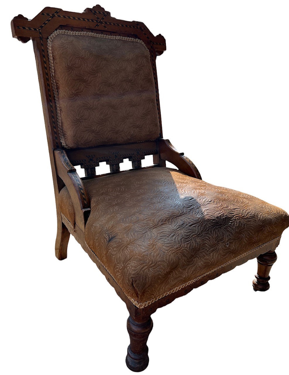 ATTRIBUTED TO CHARLES BEVAN, A GOOD 19TH CENTURY ARTS AND CRAFTS OAK AND INLAID ARMCHAIR. - Image 3 of 8