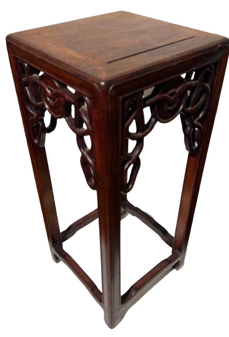 A SMALL CHINESE HARDWOOD TABLE STAND The square top above a pieced frieze, raised on square - Image 3 of 5