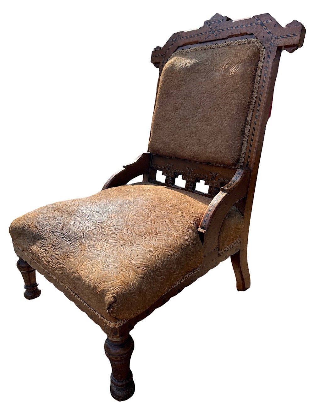 ATTRIBUTED TO CHARLES BEVAN, A GOOD 19TH CENTURY ARTS AND CRAFTS OAK AND INLAID ARMCHAIR. - Image 2 of 8