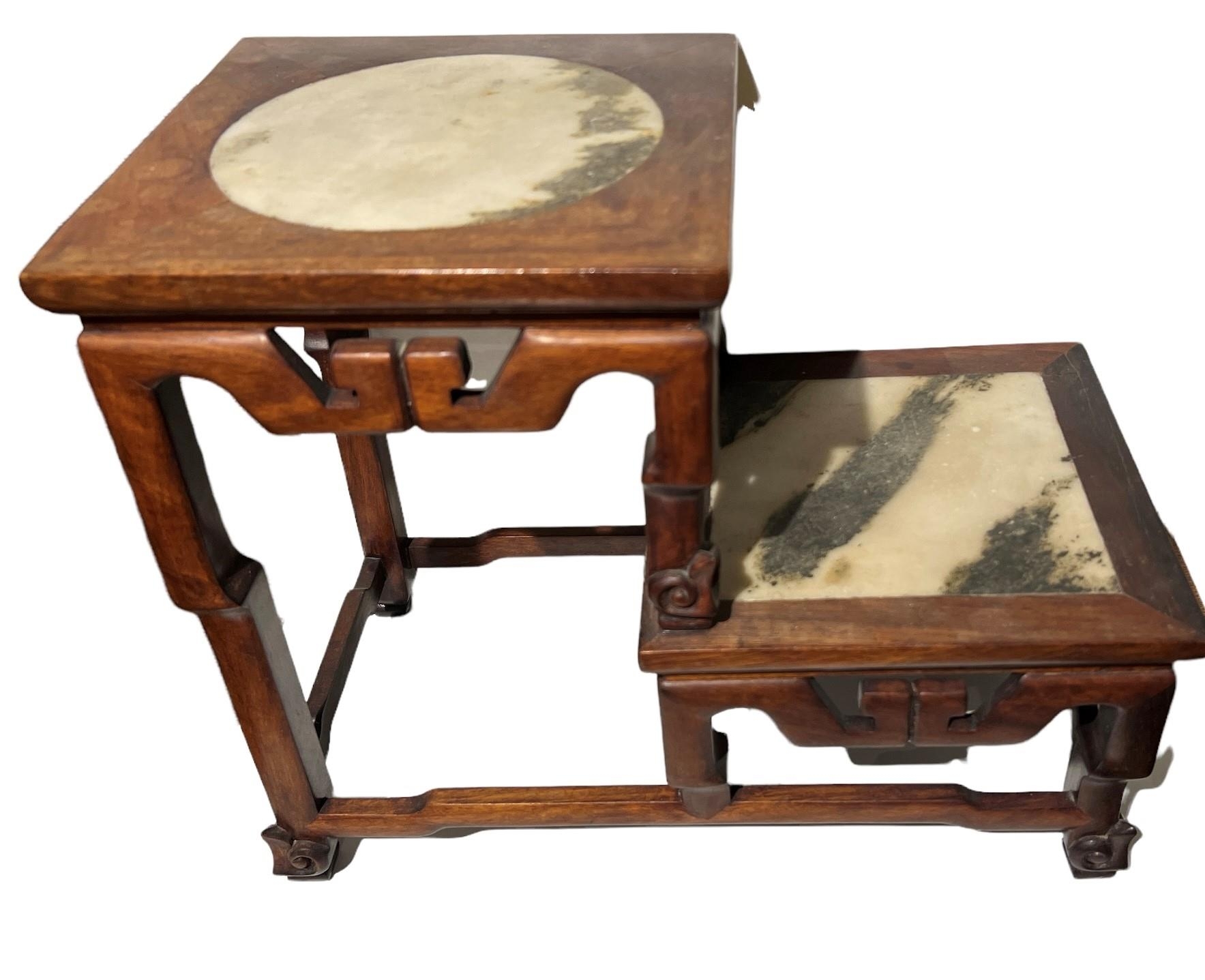 A CHINESE MARBLE INSET HARDWOOD TWO TIER TABLE STAND The square top set with a circular and square - Image 4 of 9
