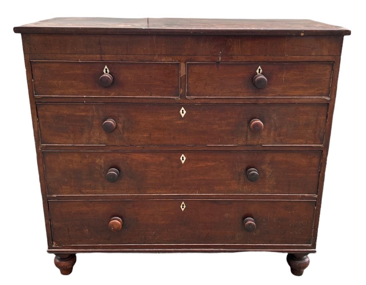 A 19TH CENTURY REGENCY PERIOD MAHOGANY CHEST Of two short above three long graduated drawers, fitted