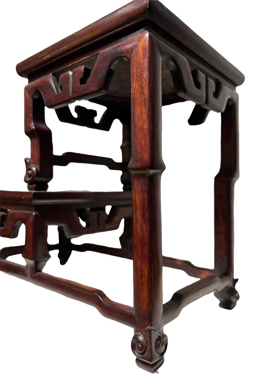 A CHINESE MARBLE INSET HARDWOOD TWO TIER TABLE STAND The square top set with a circular and square - Image 9 of 9