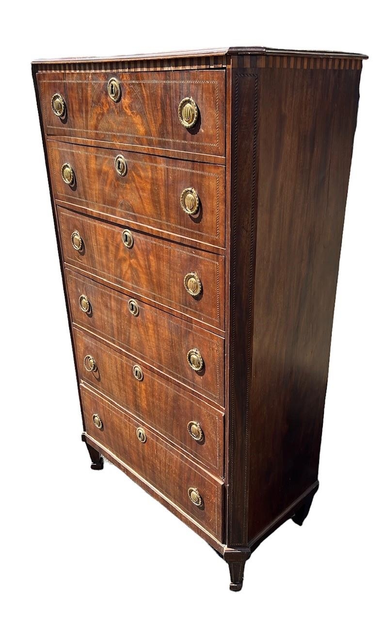 AN 18TH CENTURY DUTCH FLAME MAHOGANY AND INLAID NEOCLASSICAL TALLBOY CHEST Of six long graduated - Image 2 of 4