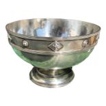 WALKER & HALL, AN ARTS & CRAFTS SILVER ROSE BOWL Having banded upper and lower rim with applied