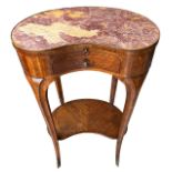 AN 18TH CENTURY FRENCH KIDNEY SHAPED SIDE TABLE The rouge inset top above slide and drawers, on