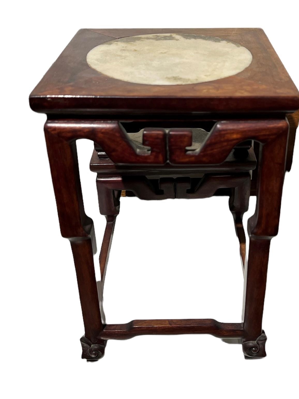 A CHINESE MARBLE INSET HARDWOOD TWO TIER TABLE STAND The square top set with a circular and square - Image 6 of 9