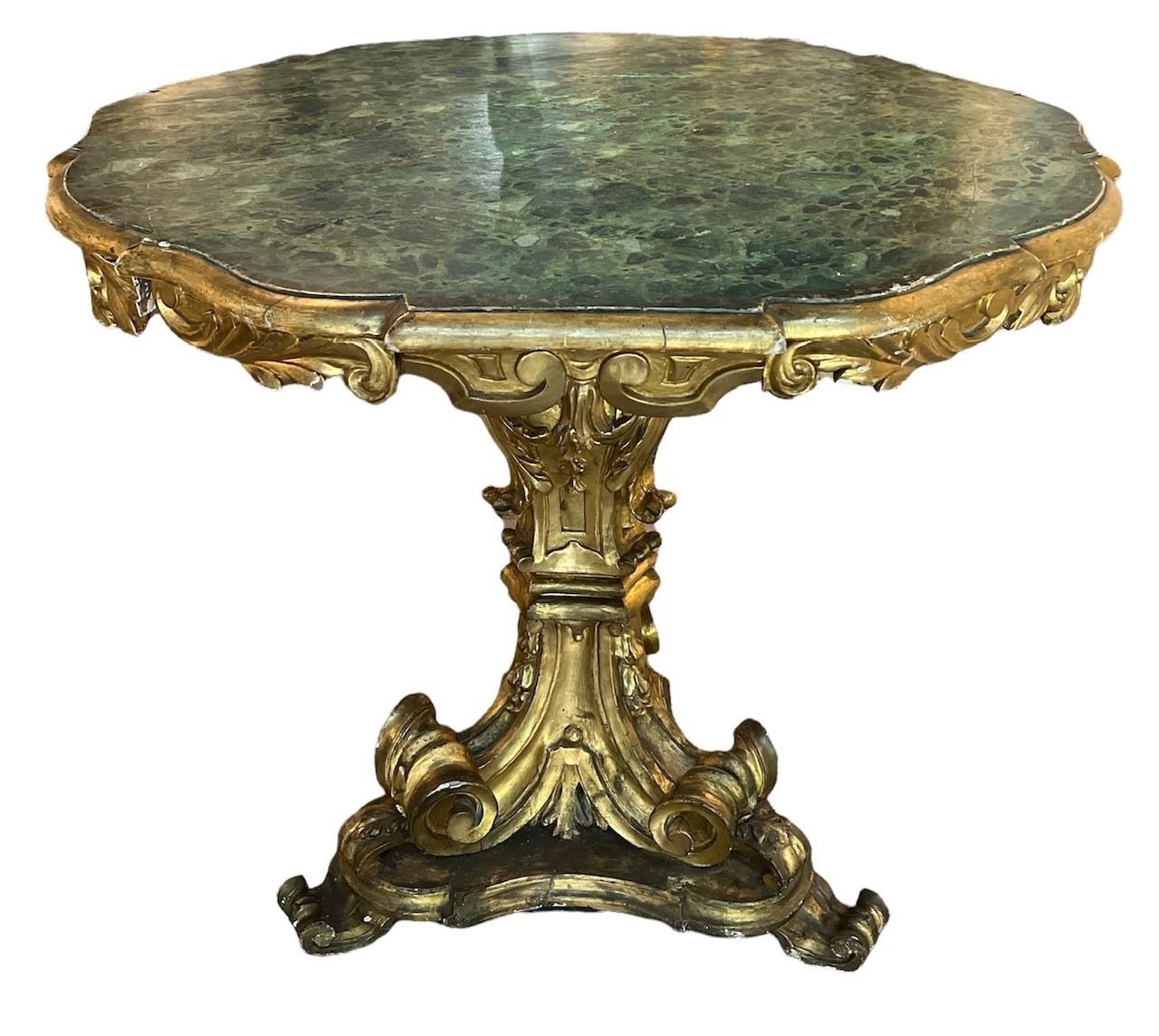 AN EARLY 19TH CENTURY AND LATER ROCOCO GILTWOOD CENTRE TABLE The circular green faux marble top