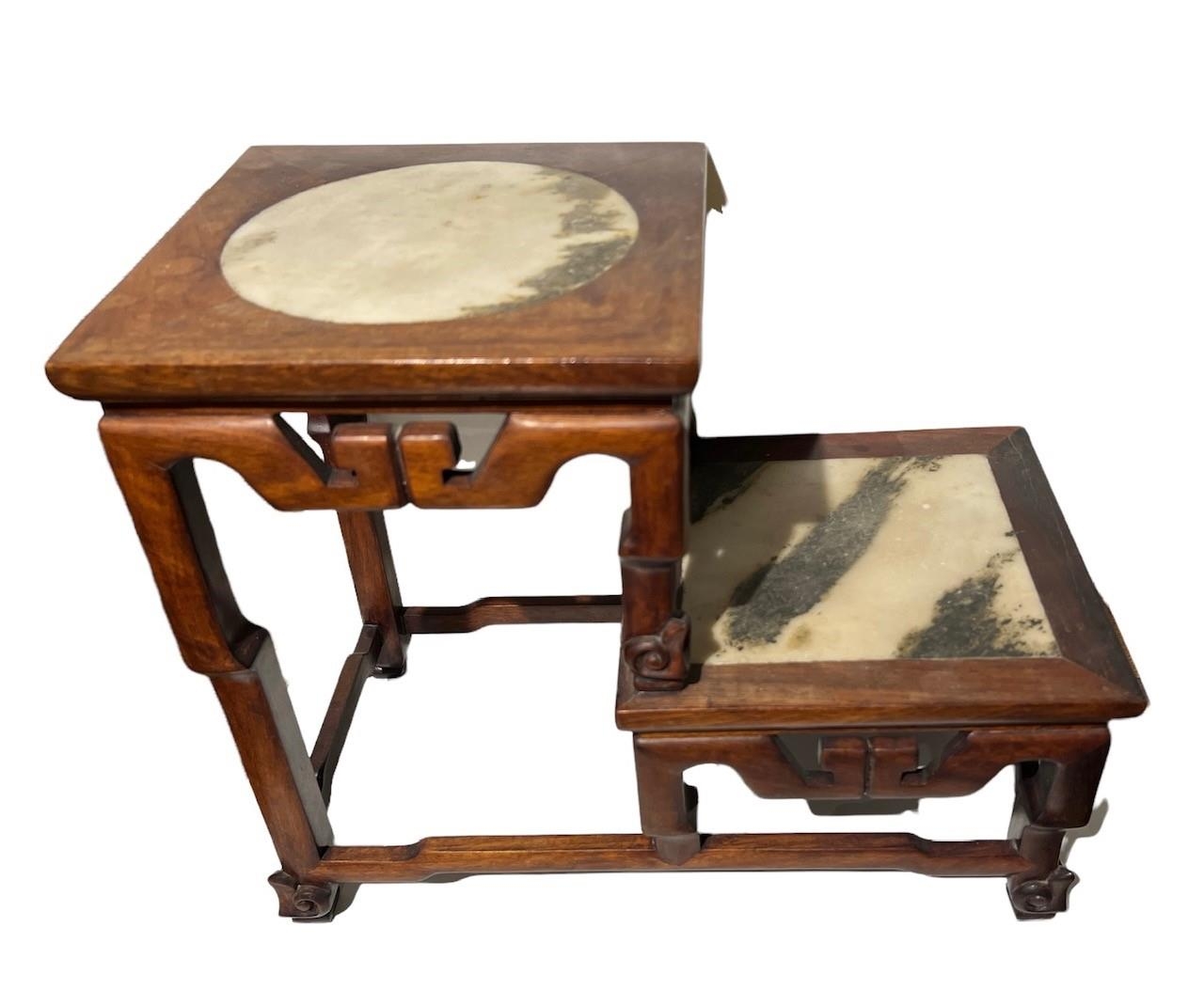 A CHINESE MARBLE INSET HARDWOOD TWO TIER TABLE STAND The square top set with a circular and square - Image 5 of 9