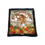 A VINTAGE ITALIAN SALVATORE FERRAGAMO FLORAL, FRUIT AND LEOPARD SCARF.