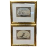 SAMUEL ATKINS, BRITISH, FL. 1787 - 1808, A PAIR OF OVAL MARINE WATERCOLOURS Man-o-war ship and