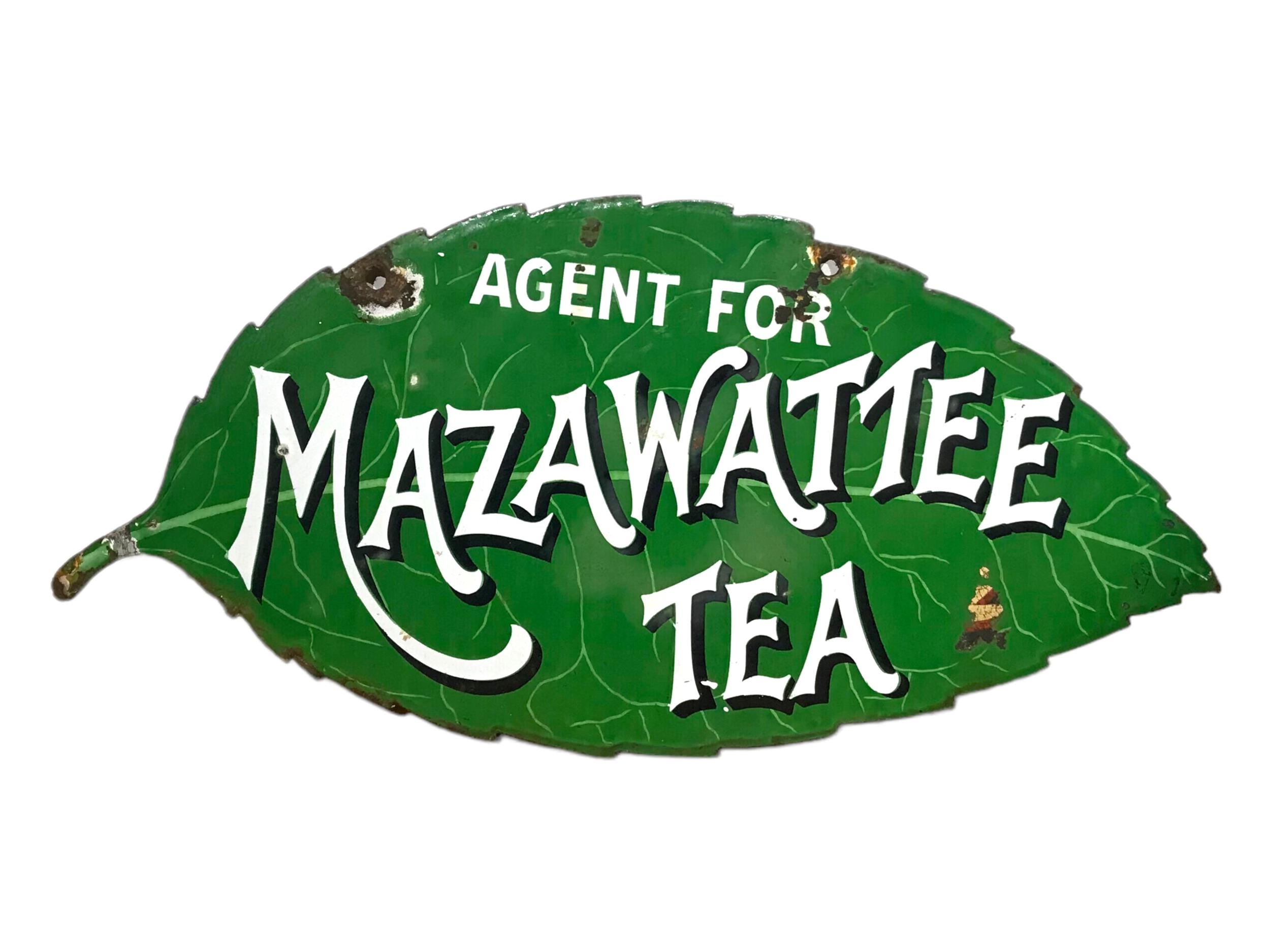A RARE MAZAWATTEE TEA DOUBLE SIDED LEAF FORM ENAMEL SIGN. (53.8cm x 26.2cm)