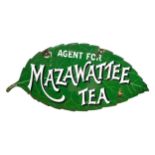 A RARE MAZAWATTEE TEA DOUBLE SIDED LEAF FORM ENAMEL SIGN. (53.8cm x 26.2cm)