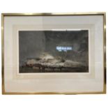 A LARGE 19TH CENTURY BRITISH WATERCOLOUR, EVENING SCENE, BEACHED SHIPWRECK WITH FIGURES ON THE SHORE