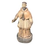 A 17TH/ 18TH CENTURY POLYCHROMED CARVED WOODEN FIGURE OF A SAINT. (h 51cm x w 21.9cm x depth 21cm)