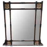 A 19TH CENTURY VICTORIAN AESTHETIC MOVEMENT OVER MANTLE MIRROR With painted panels and original