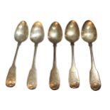 THOMAS DEATH, A SET OF FIVE GEORGIAN SILVER SPOONS Having shell terminal and engraved crest