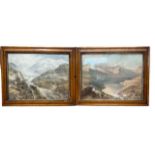 A PAIR OF 19TH CENTURY COLOURED PRINTS, MOUNTAIN RIVER LANDSCAPES With sheep and fisherman, held