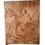 17TH CENTURY ITALIAN RED CHALK DRAWING DOUBLE PAGE JOIN TOGETHER, STUDY OF KING DAVID KNEELING AT