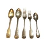 A COLLECTION OF GEORGIAN AND VICTORIAN SILVER FLATWARE Consisting of three spoons and two forks. (
