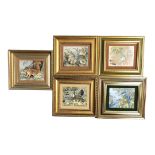 RITA E. WHITAKER, BRITISH, FIVE FRAMED STOVE ENAMELS ON COPPER, BIRDS AND SQUIRREL. (largest 22cm