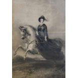 A VICTORIAN EQUESTRIAN BLACK AND WHITE ENGRAVING Titled 'Her Most Gracious Majesty Queen