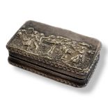 A VINTAGE SILVER FIGURAL RECTANGULAR SNUFF BOX With embossed rustic scene to lid, hallmarked ‘