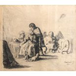 REMBRANDT, AN ANTIQUE BLACK AND WHITE ENGRAVING Angel arrived at the family of Tobias, later