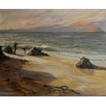 ROGER JONES, A LARGE OIL ON BOARD Seascape, three figures on a beach, inscribed to verso ‘