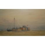 WILLIAM LIONEL WYLLIE, 1851 - 1931, WATERCOLOUR Marine landscape, military boat 'Wartime Auxiliary