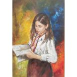 FRANCO RISPOLI, 1921 - 1989, ITALIAN, OIL ON CANVAS Young lady with book, double gilt and mahogany