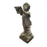 AN EARLY 20TH CENTURY WHITE MARBLE CHERUB STATUE Presenting a bouquet of flowers. (h 68cm)