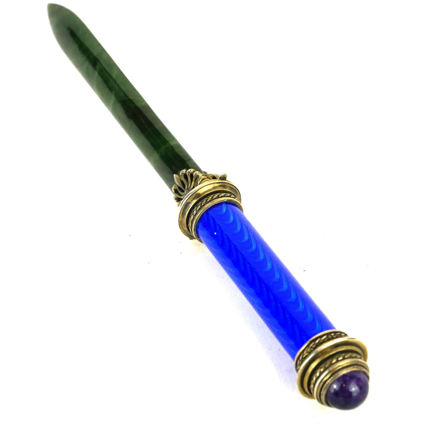 AN EARLY 20TH CENTURY RUSSIAN HALLMARKED SILVER AND BLUE ENAMELLED DESK LETTER OPENER The finial - Image 2 of 3