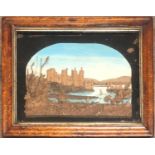 A RARE VICTORIAN CORK WORK PICTURE Castle in lakeside landscape, birdseye maple framed and