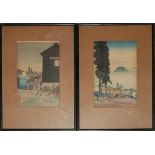 A PAIR OF EARLY 20TH CENTURY JAPANESE WOODBLOCK PRINTS Figure with parasol and view of Mount Fuji,