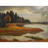 ERNO KOCH, 1898 - 1970, HUNGARIAN, OIL ON CANVAS Autumnal lakeside landscape, signed, slip