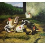 A LATE 20TH CENTURY VICTORIAN SCHOOL OIL ON CANVAS, FARMYARD SCENE, GROUP OF CHICKENS Monogrammed,