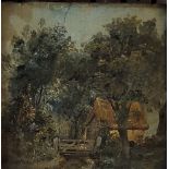 AN 18TH CENTURY OIL ON BOARD, LANDSCAPE, COUNTRY GATE WITH COTTAGE In a carved gilt frame. (approx